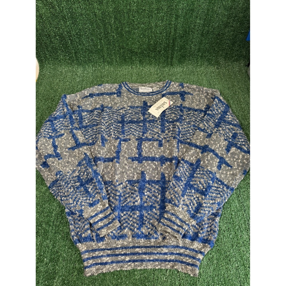 Vintage Santana Ltd Mens Blue Grey Geometric Grid Knit Crewneck Sweater NWT